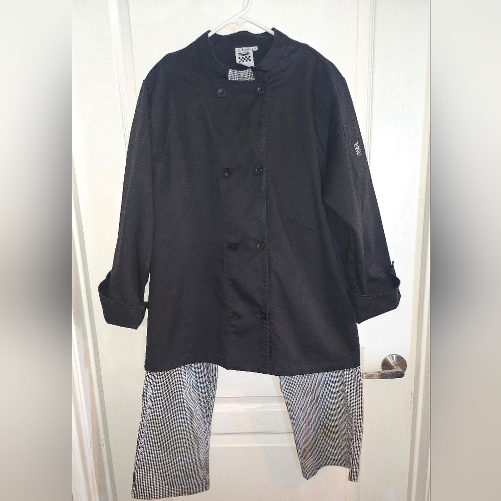 Black Chef's Coat W/ Black & White Houndstooth Chef Pants From Chef Revival